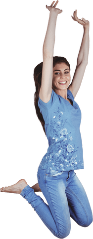 joyful brunette woman jumping in blue outfit on transparent background - Download Free Stock Videos Pikwizard.com