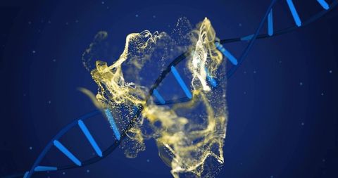 Swirling dna helix glowing with golden particle ribbon on deep blue background