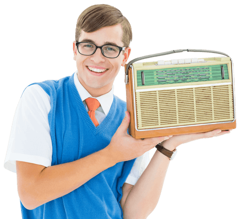 geeky hipster with transparent retro radio pose - Download Free Stock Videos Pikwizard.com