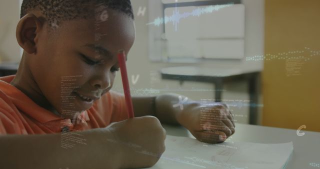 Young Child Writing at Desk While AI Data Visualization Shows in Foreground - Download Free Stock Images Pikwizard.com