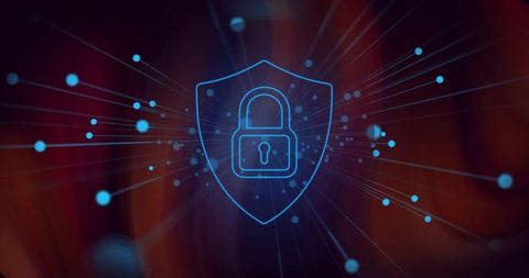 Neon Lock Shield Protecting Data with Radial Digital Rays and Futuristic Cyber Glow