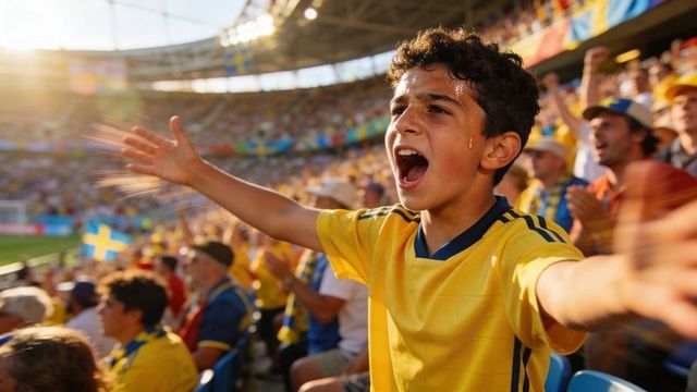 Passionate teenage swedish football fan cheering in yellow jersey at sunlit stadium crowd