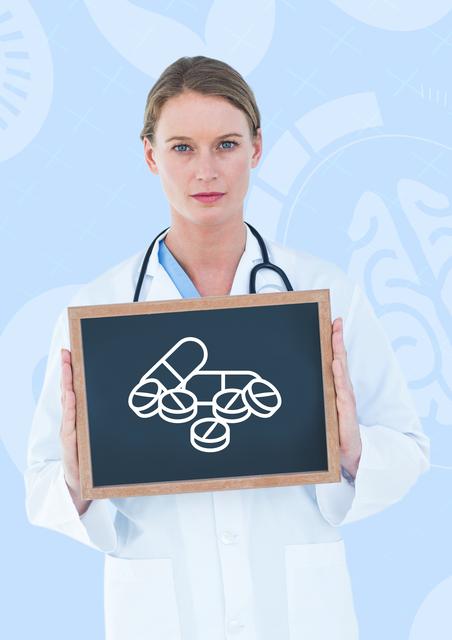 Depicts medical professional in uniform holding a chalkboard with medicine and pill symbols. Ideal usage includes healthcare promotions, medical presentations, pharmacy advertisements, articles on medical treatments, and educational resources.