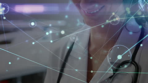 Female Doctor with Digital Network Overlay Visualization