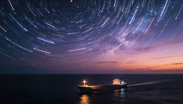 Cargo ship sailing under swirling star trails at dusk over calm ocean horizon