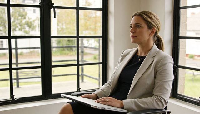 Thoughtful businesswoman sitting with laptop by window in modern sunlit office interior
