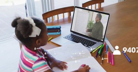 Young girl studying with online tutor on laptop at dining table with colorful markers