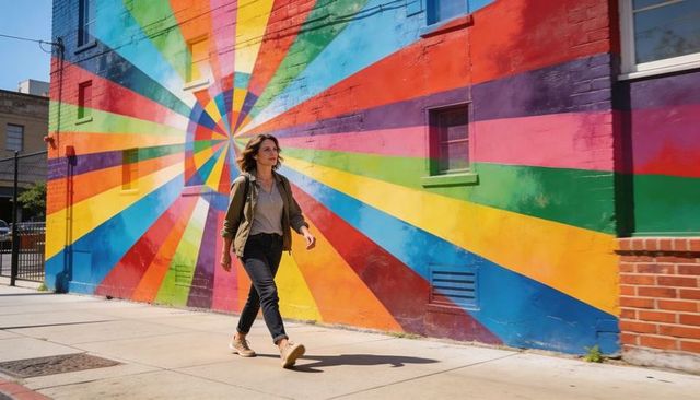Woman walking past colorful radial mural on sunny urban sidewalk, casual city stroll