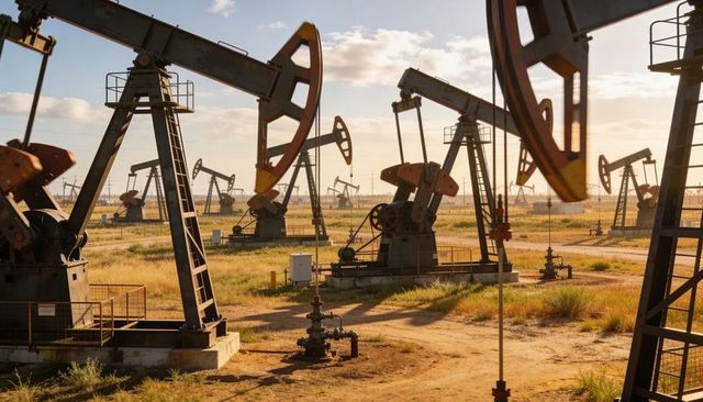 Pumpjacks pumping across semi-arid oilfield at golden hour, industrial machinery landscape