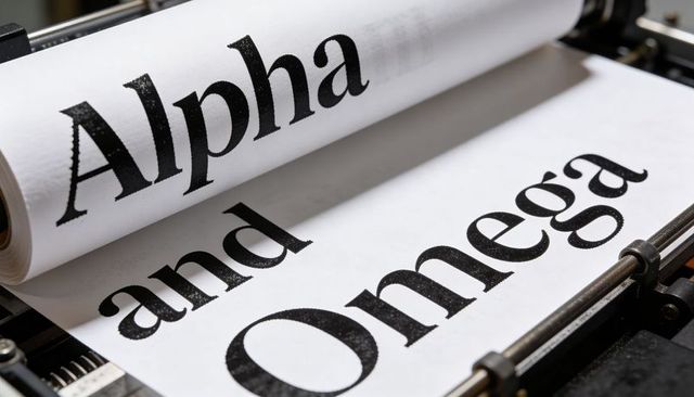 Alpha and omega typography printing on roll-fed press closeup showing rollers and clamps