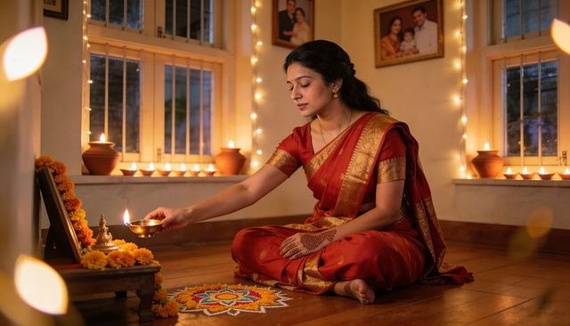 Indian woman lighting brass diya during diwali home puja wearing red silk saree
