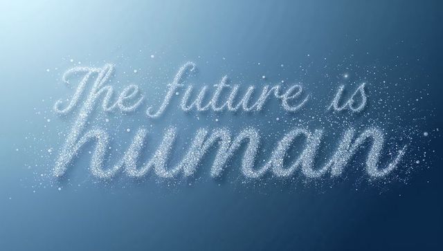 Glittering cursive script reading future is human with sparkling particles on blue gradient