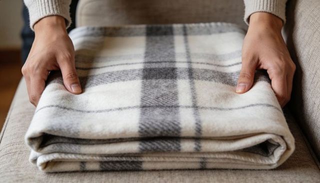 Hands smoothing folded beige and gray plaid blanket on sofa cushion cozy home textile