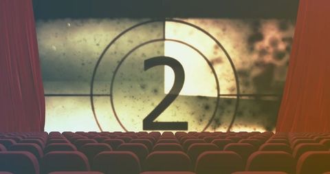 Vintage cinema countdown on large screen in theater auditorium