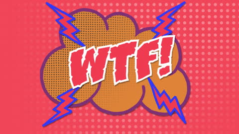 Cartoon WTF Text with Cloud and Lightning on Red Background