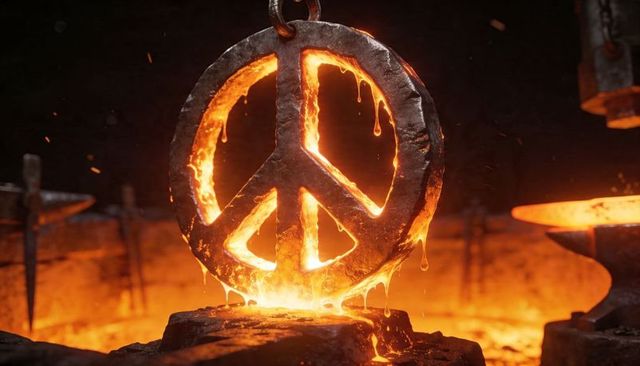 Molten peace symbol pendant forging in fiery foundry, dripping lava-like metal casting