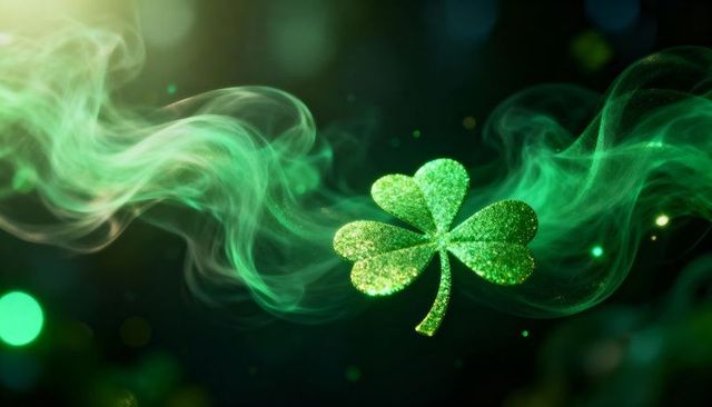 Floating Glitter Shamrock in Emerald Smoke with Mystic Glow, Bokeh Lights and Haze