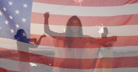 Patriotic Celebration at Beach with Flag Overlay