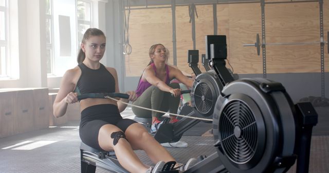 Two Women Rowing on Exercise Machines in Modern Gym - Download Free Stock Images Pikwizard.com