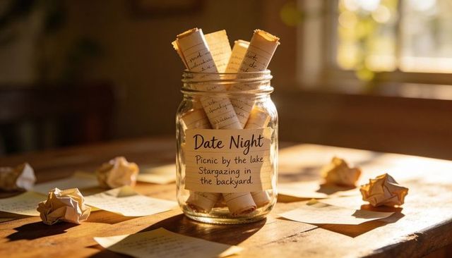 Date night idea jar holding rolled notes on sunlit rustic wooden table