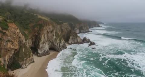 Dramatic Cliffside Beach with Crashing Waves in a Misty Landscape