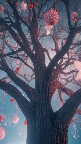 Rising tilt revealing illuminated tree with glowing lanterns and festive ornaments at dusk