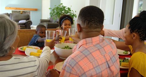 Joyful Multigenerational Family Toasting with Orange Juice at Home Dining Table
