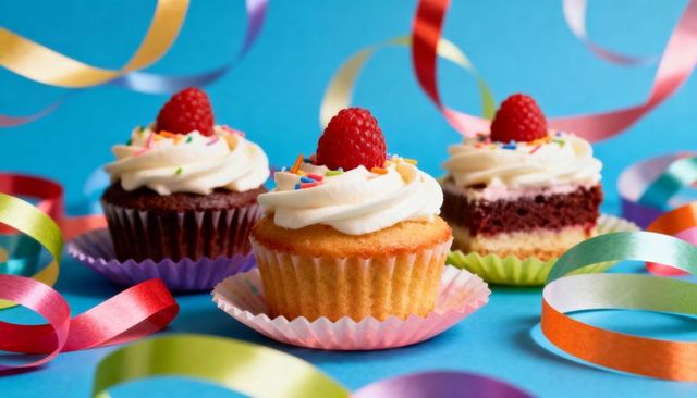 Festive Cupcakes with Raspberry and Sprinkles on Bright Blue Background for Party Baking