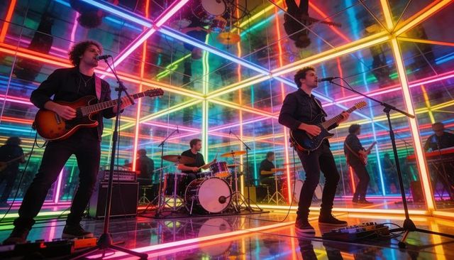 Indie rock band performing inside neon mirror cube with colorful led reflections