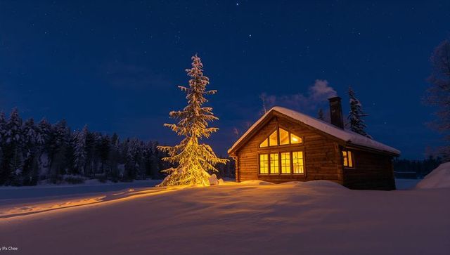 Glowing log cabin casting warm light across snowy clearing under starry winter sky