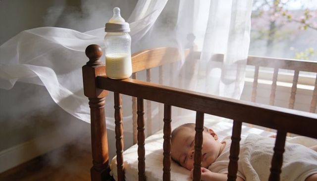 Sleeping infant resting in sunlit wooden cradle with milk bottle on rail, cozy nursery
