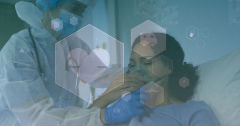 Healthcare Professional Assisting Patient with Masks and Medical Icons Overlay - Download Free Stock Images Pikwizard.com