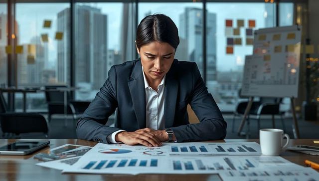 Businesswoman studying financial reports and charts in boardroom, analyzing business data