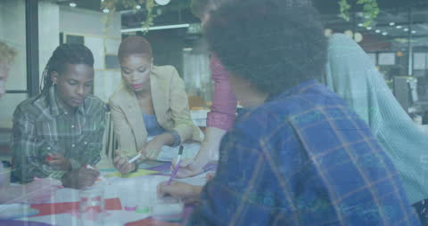 Diverse Team Brainstorming With Financial Data Overlay