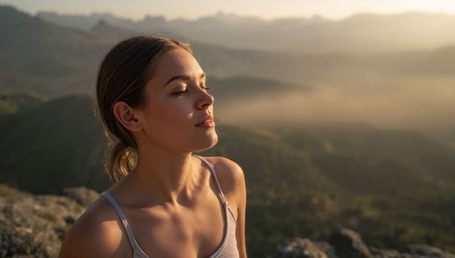 Young woman meditating on rocky mountain ridge at golden hour sunset over misty valley