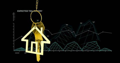 Golden house key swinging over real estate data with rising wireframe market trend