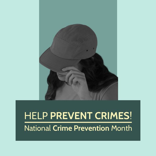 Poster design emphasizing National Crime Prevention Month. Features Caucasian woman hiding face with cap, drawing attention to public safety issues and community involvement for preventing crimes. Perfect for campaigns, community centers, and educational programs focused on crime reduction and public security.