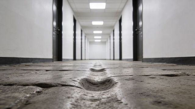 Worn concrete floor leading through long minimalist corridor with deep grooves and doors