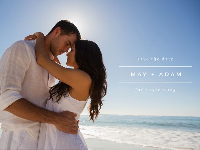 Couple sharing a tender embrace at the beach, perfect for wedding invitations, romantic announcements, or save the date cards. Idyllic ocean setting with clear blue sky makes it ideal for conveying love and intimacy.