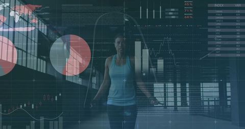 Athletic Woman Engaging in Jump Rope Exercise Amidst Digital Analytics