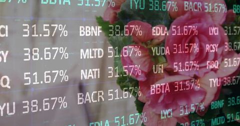 Stock ticker overlay panning across pink roses blending finance data with floral contrast