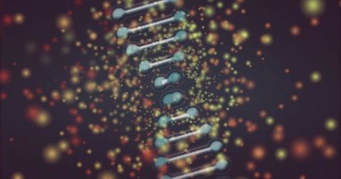 Rotating glowing dna double helix with pixelated texture and warm bokeh