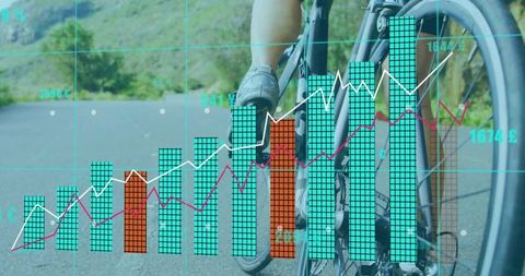 Cyclist Riding with Data Visualization on Mountain Road