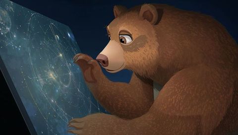 Curious brown bear exploring holographic star chart on tilted touchscreen panel