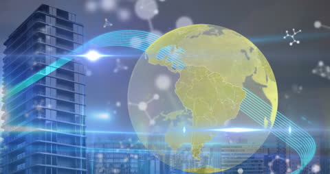 Digital Globe and Molecules Over Modern Cityscape