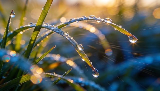 Dew-drenched grass blades catching golden sunrise light, sparkling droplets and bokeh