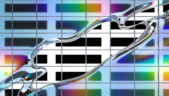Metallic ripple distorting iridescent glass grid holographic future with monochrome bars