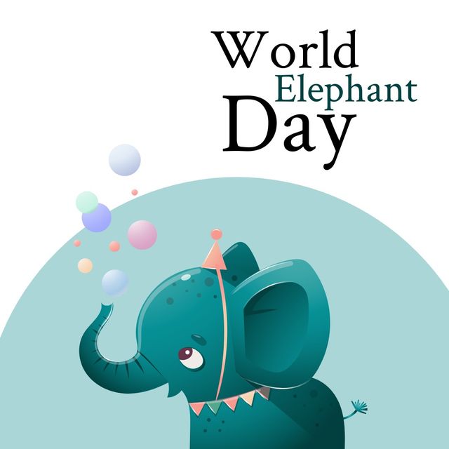 Illustration depicting a cute cartoon elephant celebrating World Elephant Day with colorful balloons. Useful for raising awareness about wildlife conservation, ecological events, and animal-themed celebrations. Perfect for invitations, social media posts, educational material, and festive decorations related to elephants and conservation efforts.