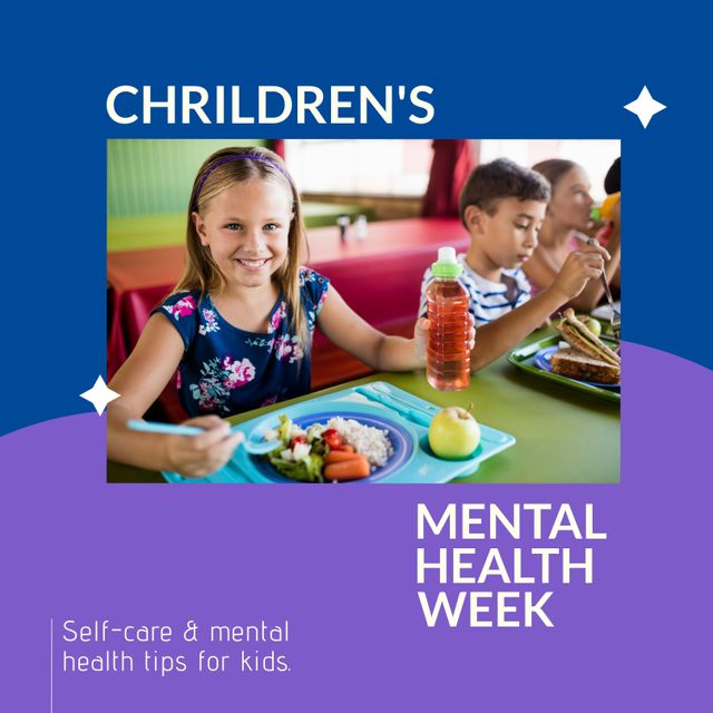 This image of smiling school children enjoying a healthy meal is perfect for promoting children's mental health awareness campaigns. Ideal for use in educational materials, social media posts, blog entries, and mental health week events. Highlights the importance of healthy eating and self-care among children.