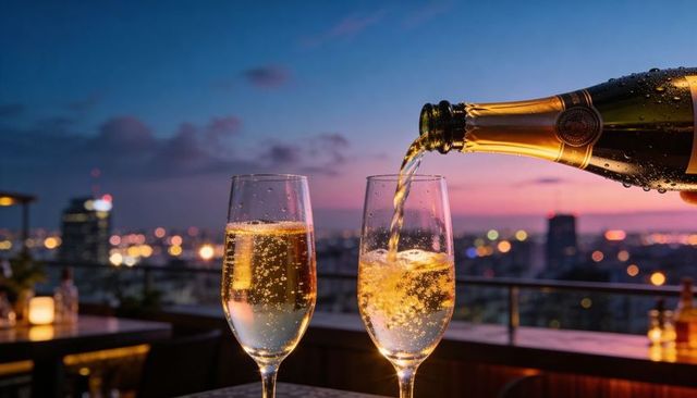 Champagne pouring into two flutes on rooftop terrace at twilight with city skyline bokeh